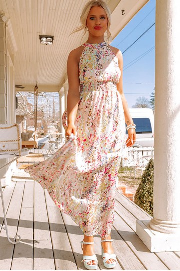 Long multicolored floral open back dress