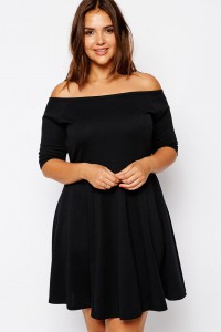 Black pleated dress with bare shoulders