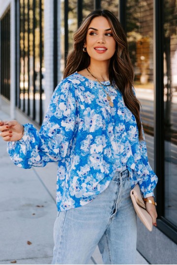 Blue floral print blouse
