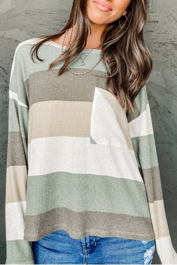 Green striped rib knit sweater