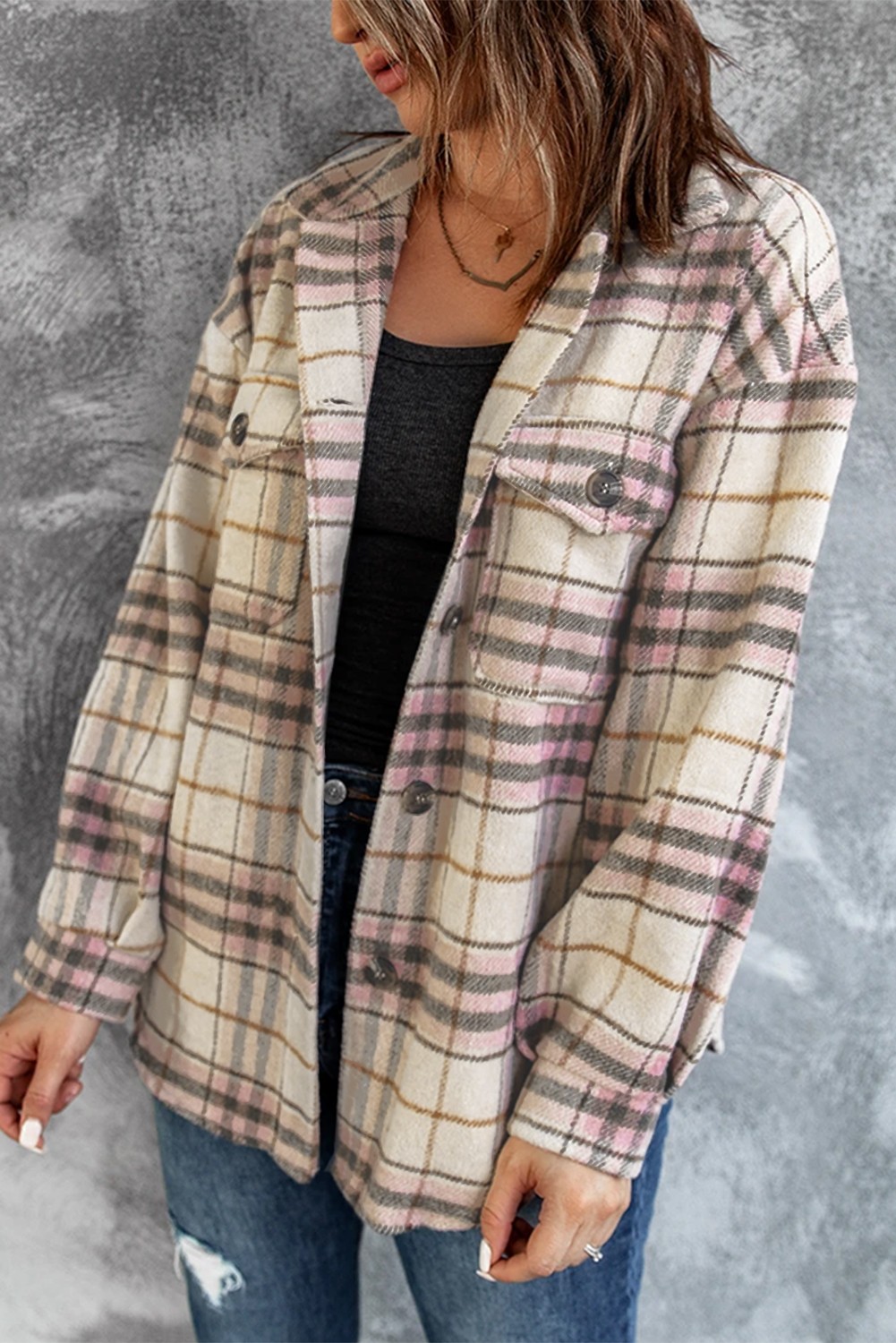 Pocketed Button-up Long Sleeve Plaid Jacket
