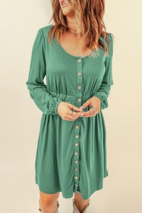 Green Button Up High Waist Long Sleeve Dress