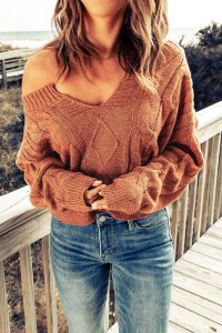 Brown Loose Fit Knit V Neck Cropped Sweater