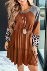 Brown dress with long sleeves and leopard patchwork