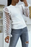 ribbed sweater with puff sleeves in dotted Swiss tulle