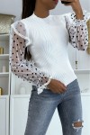 ribbed sweater with puff sleeves in dotted Swiss tulle