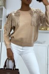 Taupe sweater with lace and fringes.