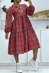 Red plaid dress with embroidery.