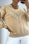 Beige women's sweater in V-neck with lace pattern