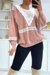 Oversized puff sleeve pink sweater with lace pattern