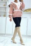 Oversized puff sleeve pink sweater with lace pattern