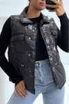 Black faux leather puffer jacket with pockets