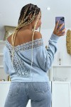 Lightweight blue sweater with a round neck and open lace back.