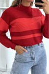 Red ribbed sweater and striped turtleneck.