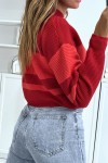 Red ribbed sweater and striped turtleneck.