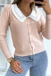 Pink cardigan with Peter Pan collar. Vintage pullover style ribbed cardigan