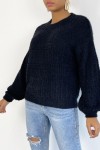 Black sweater with very soft puffy effect round neck. Basic and very chic sweater.