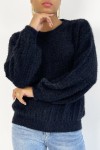 Black sweater with very soft puffy effect round neck. Basic and very chic sweater.