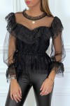 Black lace blouse with ruffles and high collar and dotted Swiss