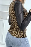 Brown leopard print top, bi-material and long sleeve