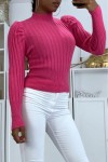 Fuchsia Fluffy Ribbed High Neck Sweater