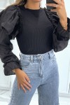 Black ribbed sweater with puffy tulle sleeves