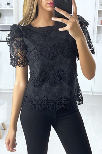 Black lace blouse with ruffled puff sleeves and bow