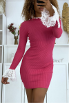 Fuchsia rib knit jumper dress with lace on the sleeves.