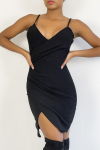 Black sequin wrap evening dress with thin straps.