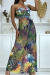 Long yellow floral dress with rhinestones and pleats at the bust.