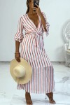 Long dress with orange stripes and 3/4 sleeves with ruffles in vintage style.