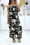 Long black leaf pattern dress with high collar and elasticated waist