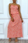 Long coral dress with small white polka dots high collar and elastic waist