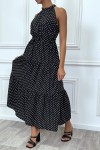 Black ruffled long dress with white polka dots with belt