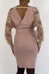 Very elegant pink wrapover sweater dress with lace sleeves.