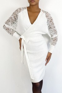Iridescent white wrap dress with openwork sleeves.