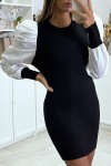Black bi-material ribbed jumper dress with puffed shoulders