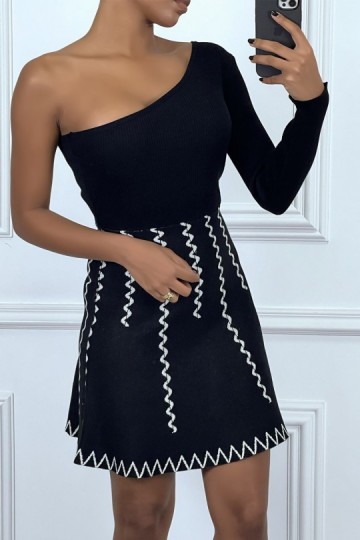 Black asymmetrical ribbed jumper dress with zig zag pattern, one long sleeve
