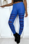 Women's blue leggings with a pretty cut-out pattern and mesh lining.