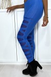 Women's blue leggings with a pretty cut-out pattern and mesh lining.