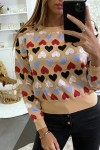 Short beige sweater with heart pattern