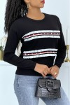 Classic black sweater with round neck and bands with pearls and ruffles.