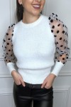 Fluffy white sweater with dotted tulle sleeve