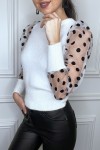 Fluffy white sweater with dotted tulle sleeve