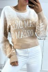 Beige jumper with white gradient in stretch material with puffy effect and inscription.