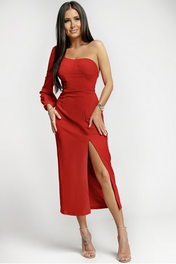 One sleeve red dress