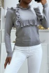 Gray ruffled front and back sweater