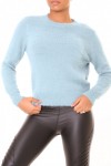 Jersey azul turquesa suave de escote redondo corto con escote pronunciado en la espalda y puntilla transparente.