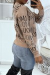 Short taupe sweater with love writing