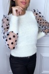 Fluffy beige sweater with dotted tulle sleeve